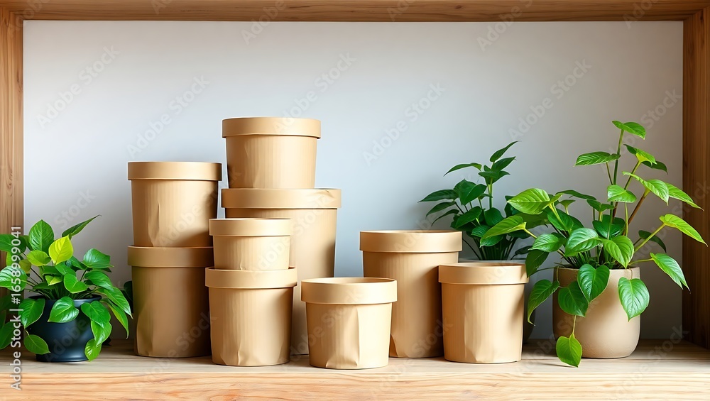 Fototapeta premium Potted plants and brown containers on wooden shelf for home decor and interior design on transparent background