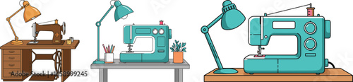Three sewing machines on desks with lamps and plants in cartoon style  