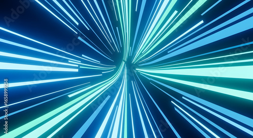 Hyperspace lightspeed motion with glowing blue rays, a vortex-like tunnel vision creating a sense of acceleration and futuristic travel, digital art with abstract elements forming radial patterns