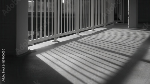 Black - and - white image of vertical railings casting striped shadows on a floor  part of a modern building structure with columns.