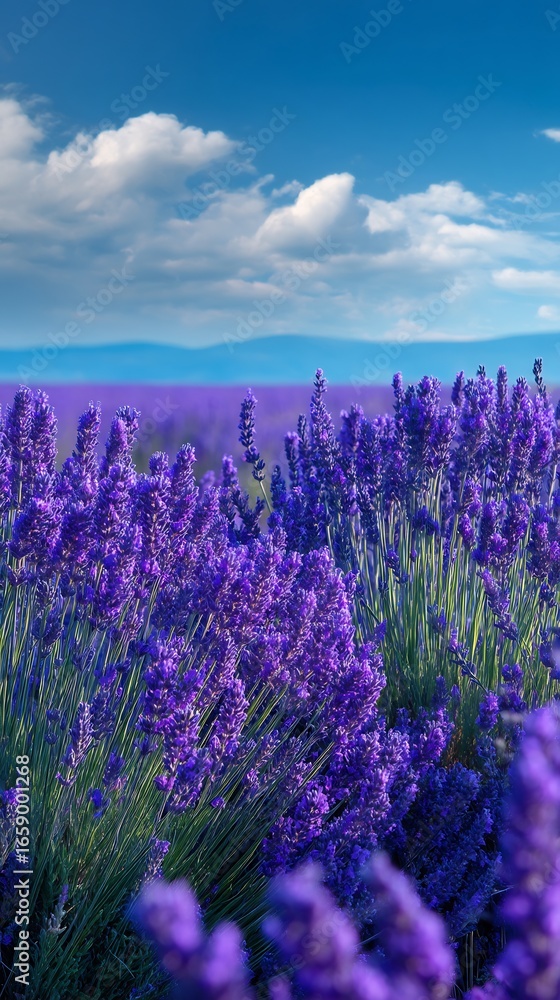 Obraz premium Purple lavender fields bright blue sky vibrant summer floral mobile background