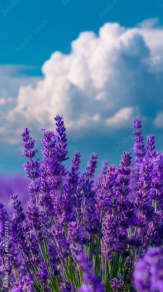 Fototapeta premium Purple lavender fields bright blue sky vibrant summer floral mobile background