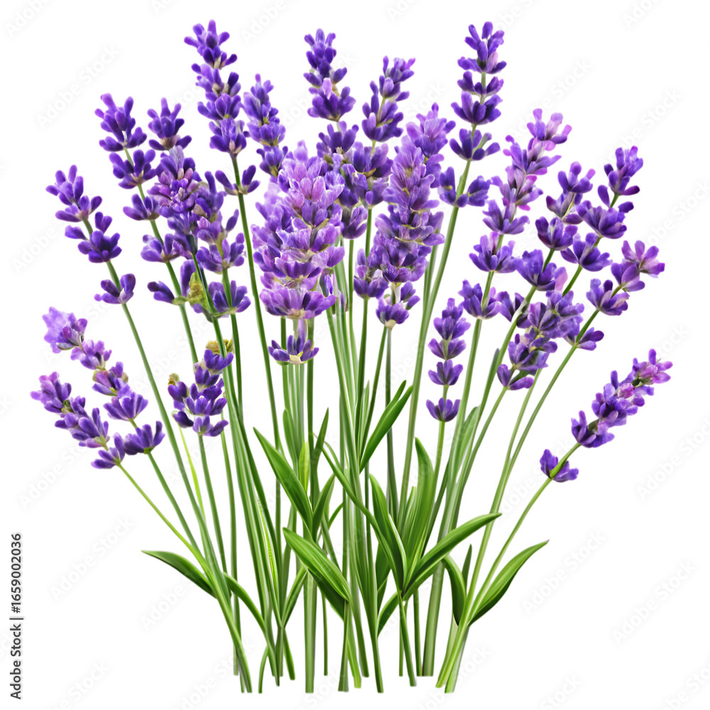 Naklejka premium Bunch of Vibrant Purple Lavender Flowers with Green Stems and Leaves on Transparent Background floral isolated on a transparent background