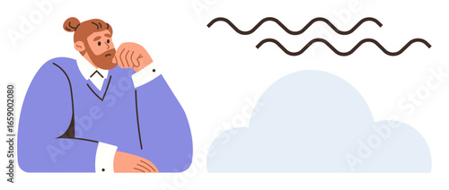 Pensive man resting chin on hand, next to cloud and wavy lines. Ideal for brainstorming, creativity, reflection, imagination, problem-solving, mindfulness contemplation. Simple flat metaphor