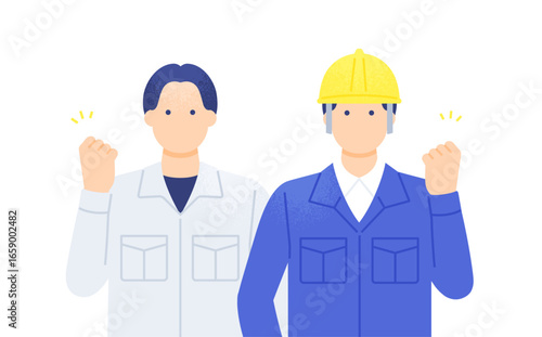 土木・建設現場の仕事 ポジティブな表情の建設作業員 作業服を着た男性二人組のイラスト素材　