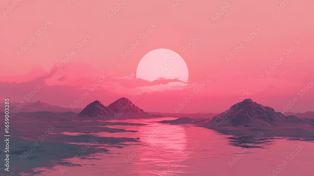 Fototapeta premium Pink Sunset Over Mountain Range and Water Scene in Digital Art Style