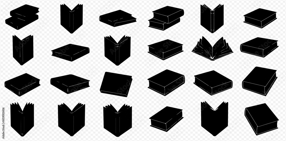 Fototapeta premium A set of black book icons and silhouettes shown open, closed, and stacked from various isometric perspectives.