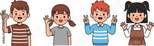 Diverse children, hand gestures, cartoon illustration, vector design, educational material, playful kids, happy characters, stock image, promotional use, multicultural