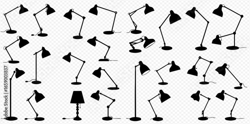 A collection of black silhouettes showing various types of lamps, including adjustable desk lamps, a floor lamp, and a classic table lamp, in multiple positions.
