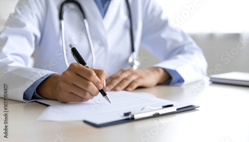 Doctor writing on medical documents with stethoscope, providing healthcare, filling paperwork, patient care, medical professional, clinic