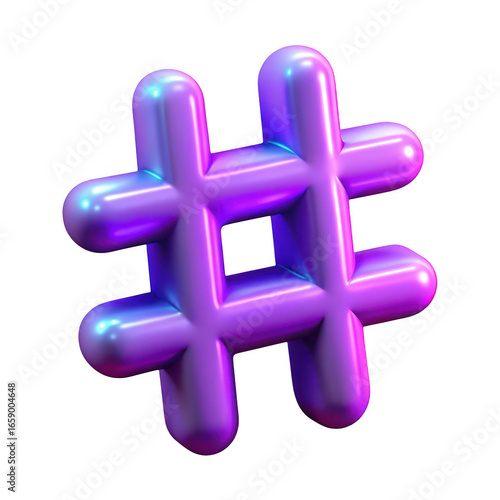 Shiny iridescent purple and blue inflated balloon hashtag symbol isolated on transparent background