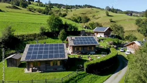 Aerial View of Solar PanelEquipped Cabins in a Lush Green Mountain Landscape