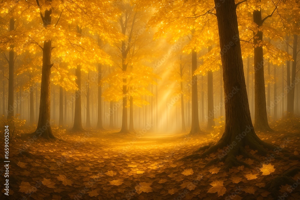 Obraz premium Landscape of A glowing autumn forest path lit by a golden sunrise