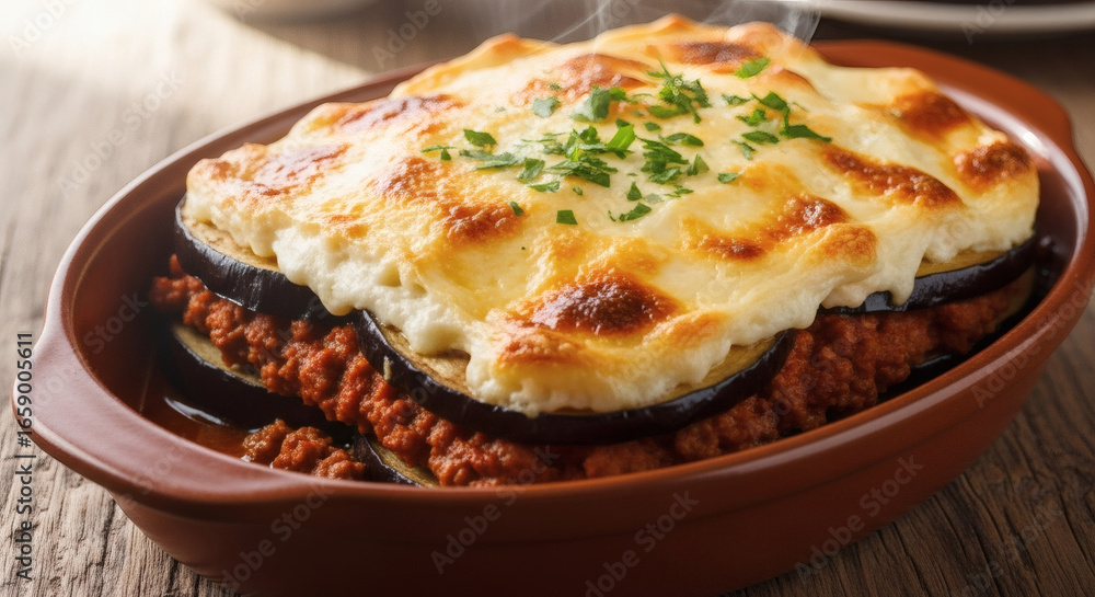 A close up of moussaka in a brown dish with steam rising and parsley garnish on top of the topping A close up of moussaka in a brown dish with steam rising and parsley garnish on top of the topping