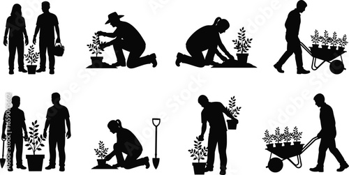 Gardening teamwork, planting trees, silhouette illustration, garden tools, eco-friendly practices, nature conservation, horticulture, sustainable living, outdoor gardening, community effort
