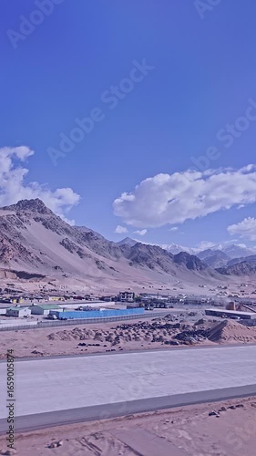 View from the plane window at Ladakh airport. The landscape of Ladakh, nestled in the Himalayas, is lush with rivers flowing from glaciers that feed the parched city. Ladakh city near the airport