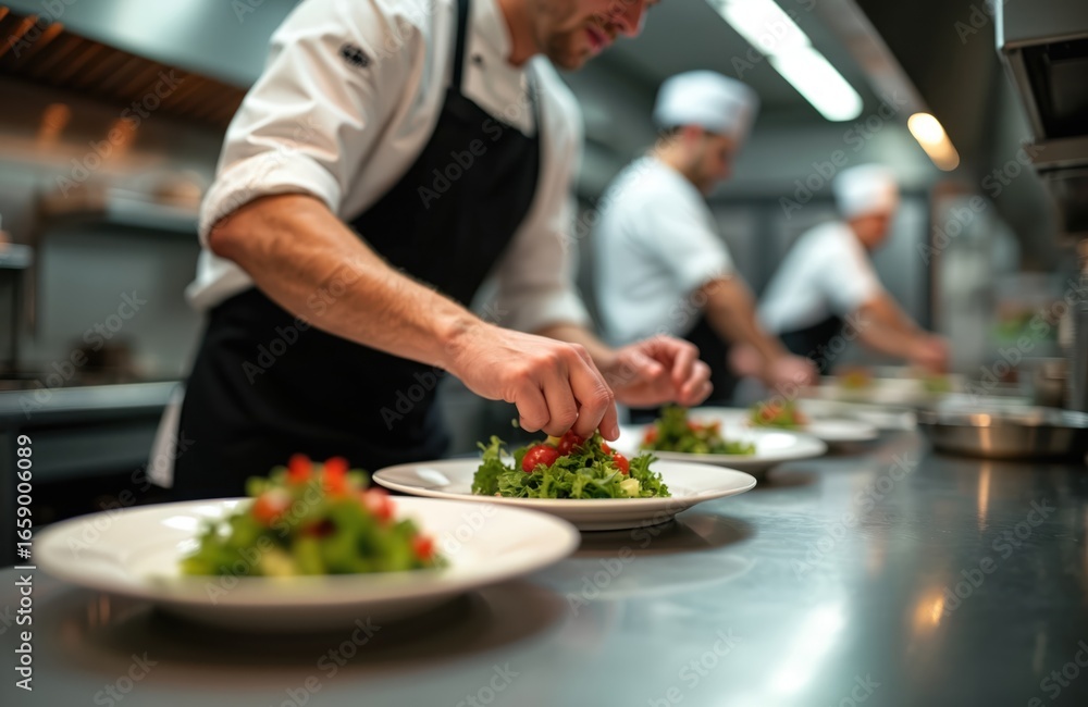 Professional chef expertly arranges fresh salad garnishes onto plates in a busy restaurant kitchen. Multiple chefs in uniform focus on meal preparation, creating delicious dishes for diners. Professional chef expertly arranges fresh salad garnishes onto plates in a busy restaurant kitchen. Multiple chefs in uniform focus on meal preparation, creating delicious dishes for diners.