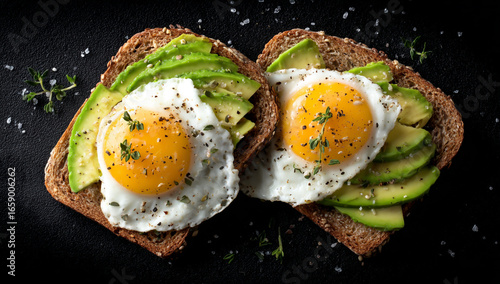 Two slices of whole grain toast topped with sliced avocado and fried eggs seasoned with herbs