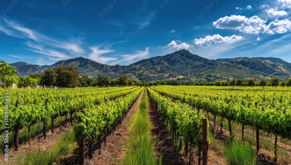 Fototapeta premium Panoramic vineyard landscape under a vibrant blue sky (1)