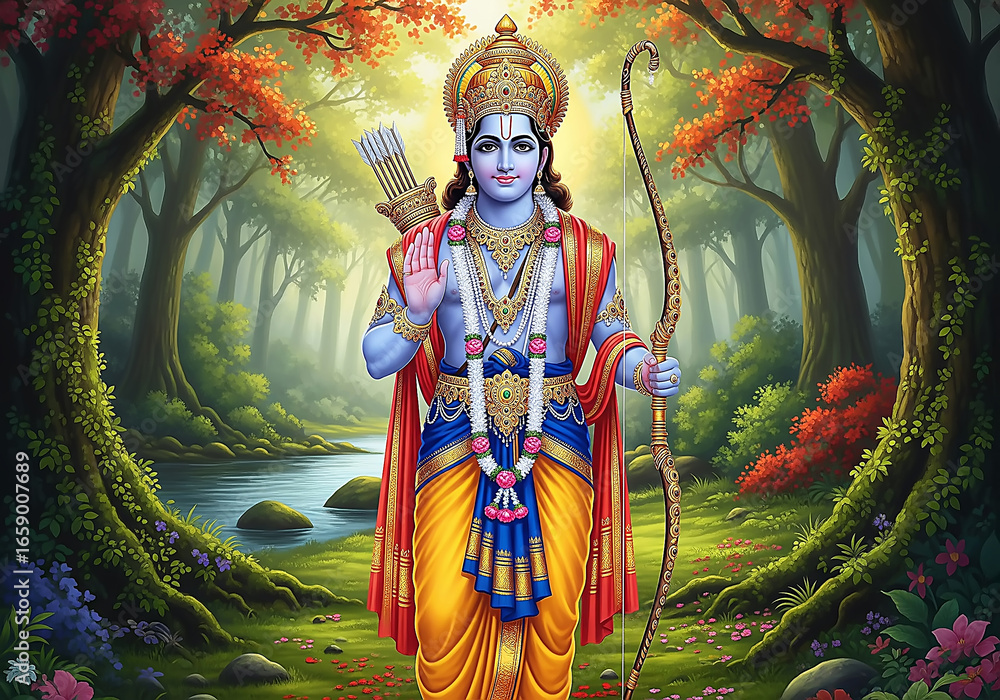 Fototapeta premium Divine Presence: Lord Rama Traditional Clothes Portrait | Vibrant Hindu Deity Standing Looking Viewer Religious Illustration Art