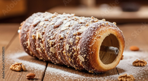 A close up of a kürtőskalács sprinkled with nuts and powdered sugar on a wooden surface