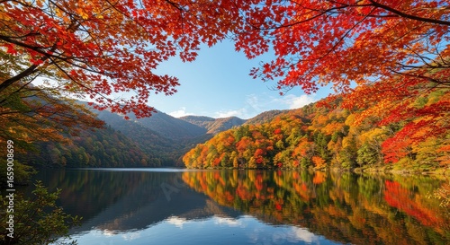 秋の紅葉と湖