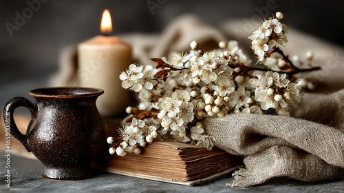 Still life with candle book cup flowers and fabric creating a cozy scene.