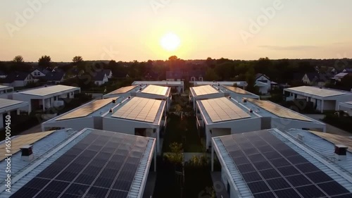 Aerial View of Solar Panels on Modern Homes at Sunset Renewable Energy