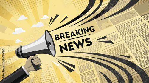 A hand holding a megaphone with breaking news text over a newspaper background with rays emanating out