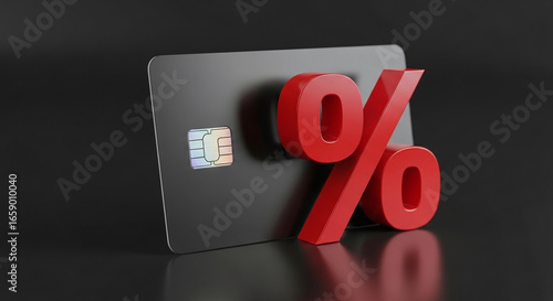 A black credit card with a chip and a large red percentage sign on a dark reflective surface