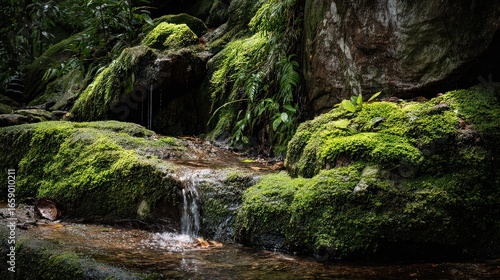 A small stream flowing over moss covered rocks in a lush green forest environment with ferns and plants