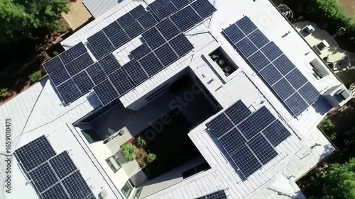 Aerial View of Solar Panels on a Modern Building with Courtyard Green Energy
