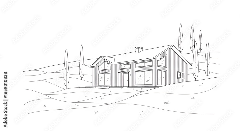Fototapeta premium Modern House Sketch with Large Windows on Rolling Hills