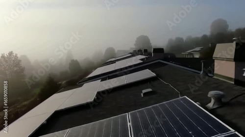 Aerial View of Solar Panels on Rooftop in Foggy Landscape Video