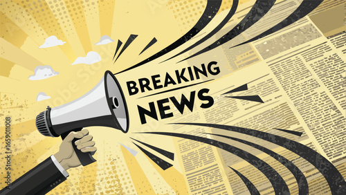 A hand holding a megaphone announcing breaking news with newspaper background and sunburst pattern design