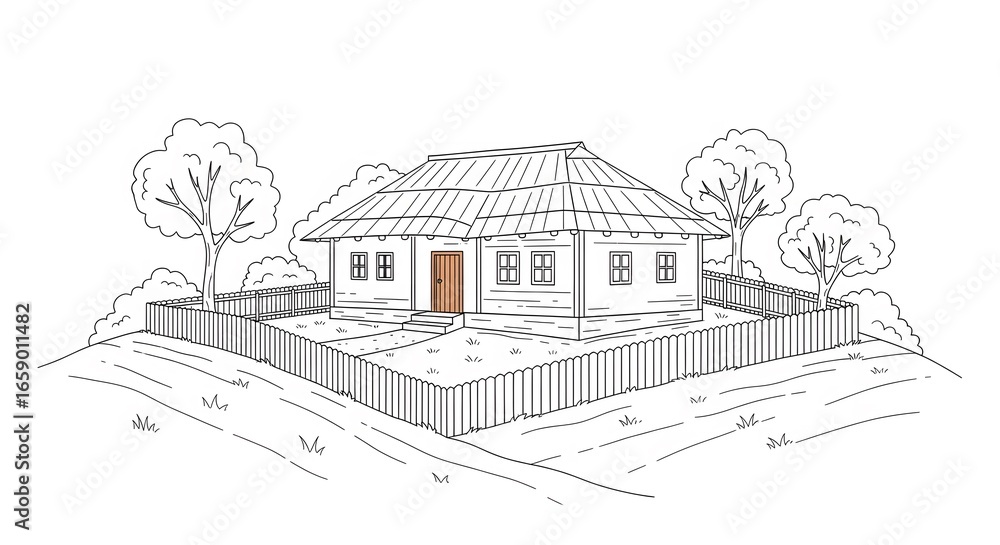 Obraz premium Rural House Line Art Sketch with Wooden Fence and Brown Door
