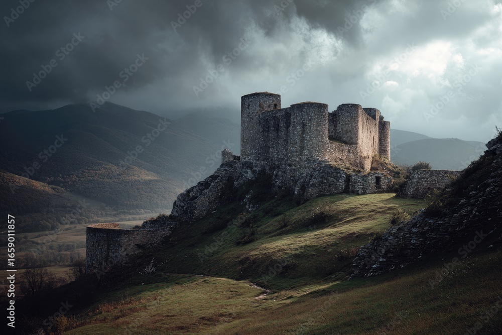 Fototapeta premium Ancient stone castle atop a hill, dramatic sky