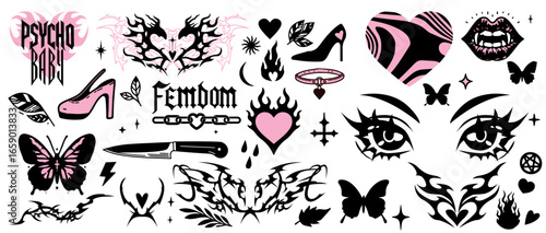 Eclectic vector illustration in modern tattoo flash style, blending manga and gothic themes. Features hearts, butterflies, roses, eyes, shoes, flames, and bold lettering. 