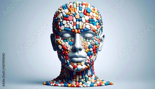 3D head covered in various pills and capsules