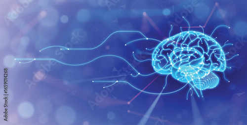 Illustration of a human brain with a network of intelligent connections in a modern style on a dark blue background. Medical use, education, Industrial and commerce.