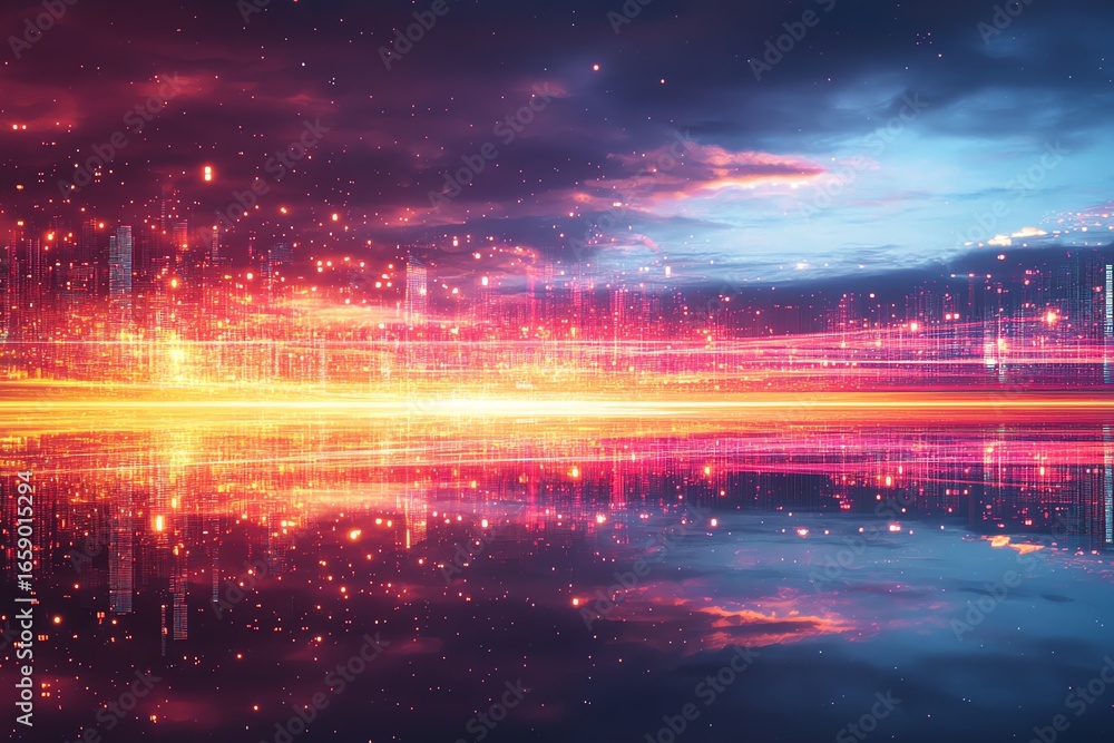 Fototapeta premium Futuristic Cityscape at Night with Bright Lights and Reflection in Water