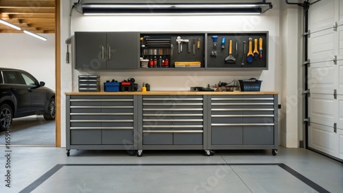 A modern garage workshop featuring organized tool storage, a spacious workbench, and a clean, functional design.