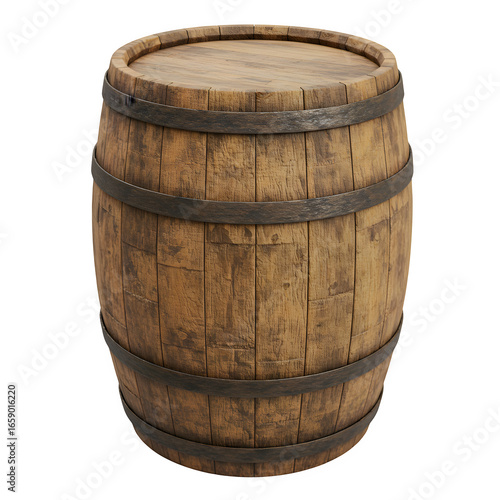 Wooden Barrel with Metal Hoops, Classic Rustic Storage Container, Isolated on White or Transparent Background
