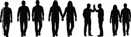 Silhouette of people walking, holding hands, high-fiving, unity, connection, teamwork, friendship, bonding, communication, collaboration, support, engagement, interaction, diverse group