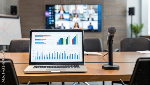 Wallpaper Mural A laptop displaying graphs and charts sits on a conference table, next to a microphone, in a modern meeting room with a video call setup. Torontodigital.ca