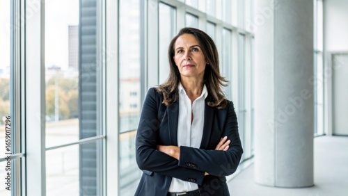 A confident woman stands in a modern office setting, arms crossed, gazing thoughtfully out of large windows. Free Download A confident woman stands in a modern office setting, arms crossed, gazing thoughtfully out of large windows. - GFXLoad