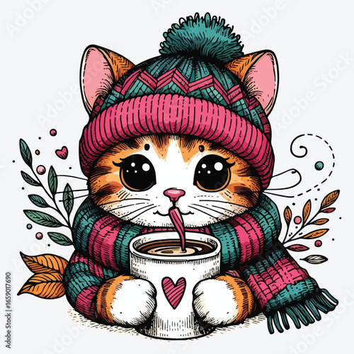 Cute cartoon hand drawn card with cat in knitted hat and scarf, drinking coffee, vector lustration stock illustration