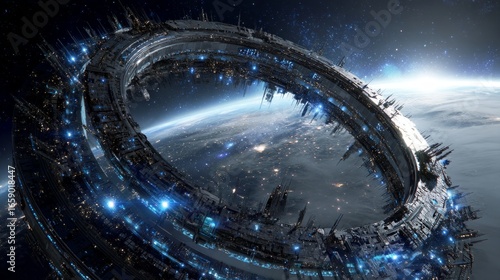 Fototapeta Naklejka Na Ścianę i Meble -  Massive Orbital Space Station Circling Blue Planet Earth