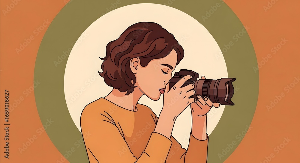 Obraz premium Focused Photographer Woman Capturing Moments with Camera Artistic Illustration.