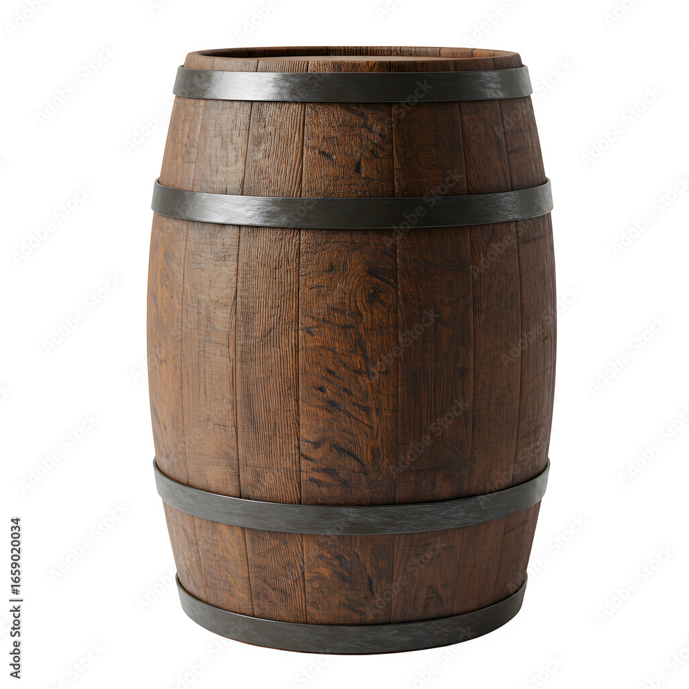 Obraz premium Wooden Barrel with Metal Hoops, Classic Rustic Storage Container, Isolated on White or Transparent Background